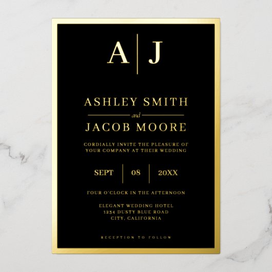 Élégant Monogramme moderne Mariage Foil Invitation (Recto)
