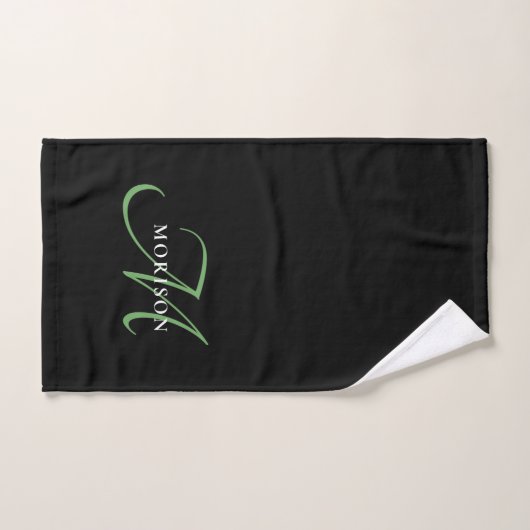 Élégant Monogramme moderne noir vert Script (Serviette à main)