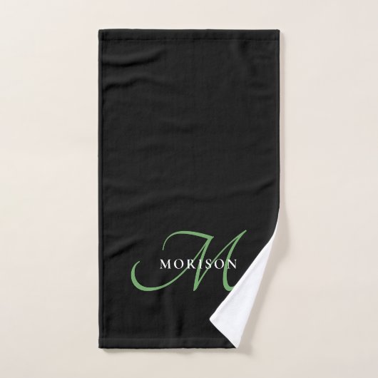 Élégant Monogramme moderne noir vert Script (Serviette à main)
