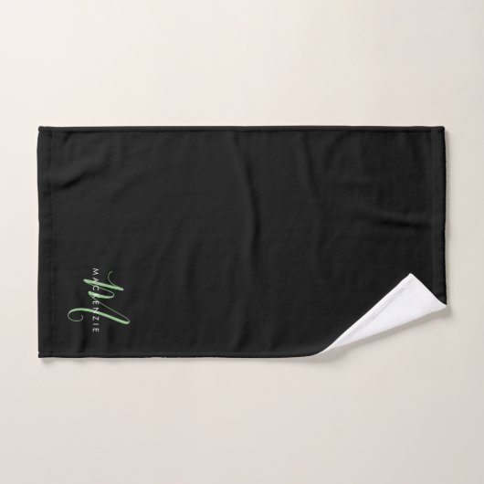 Élégant Monogramme moderne noir vert Script (Serviette à main)