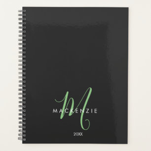 Élégant Monogramme moderne noir vert Script