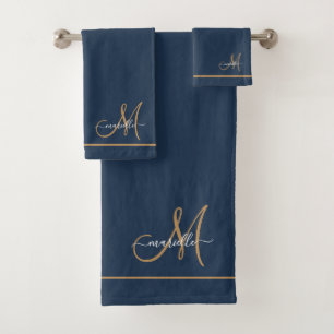 Élégant Monogramme Navy Or Nom Script