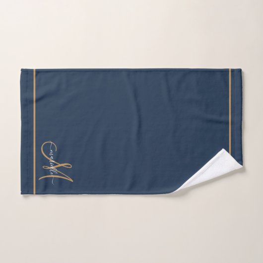 Élégant Monogramme Navy Or Nom Script (Serviette à main)