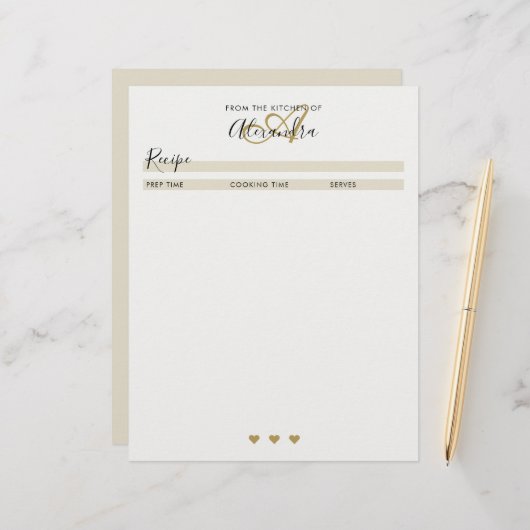 Élégant Monogramme Noir Or simple Recette feuille (Devant/Arrière en situation)