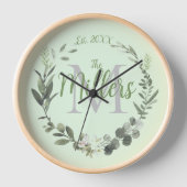 Élégant Monogramme Nom de famille Foilage Horloge  (Recto)