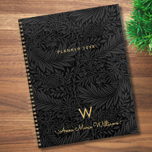 Élégant Monogramme Nom Or Fleur Noir 2026