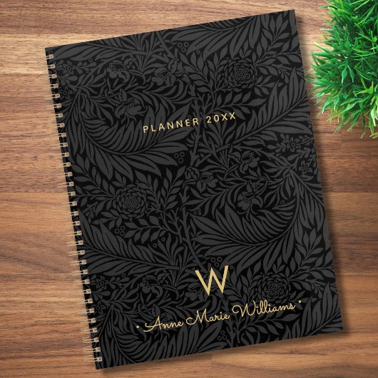 Élégant Monogramme Nom Or Fleur Noir 2026