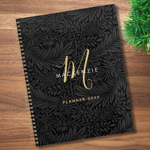 Élégant Monogramme Or Floral Noir 2026