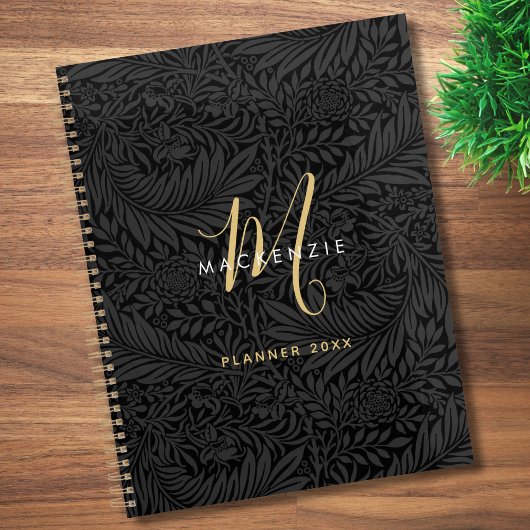 Élégant Monogramme Or Floral Noir 2026