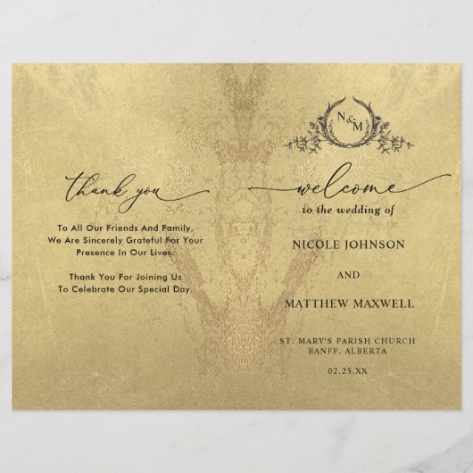 Élégant Monogramme Or Mariage Plier Programme (Devant)