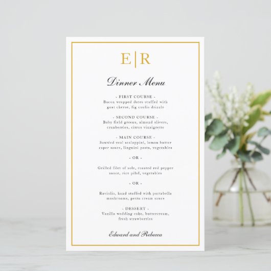 Élégant Monogramme Or Menu Mariage officiel (Debout devant)