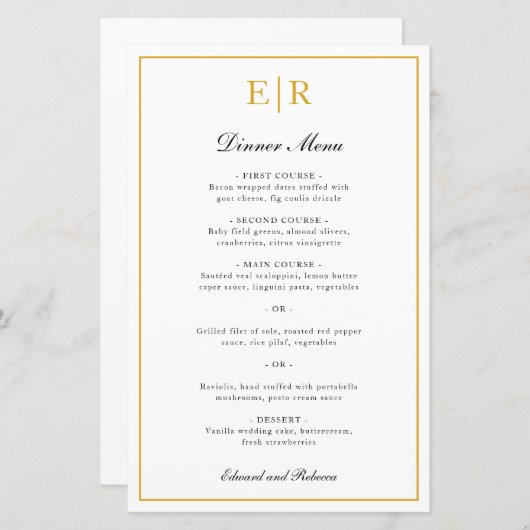 Élégant Monogramme Or Menu Mariage officiel (Devant / Derrière)