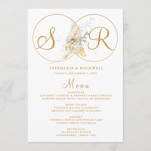 Élégant Monogramme Or Nom Menu Mariage initial (Devant)