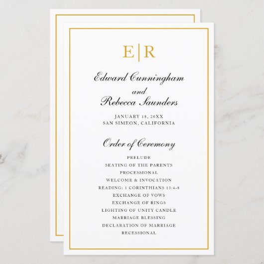 Élégant Monogramme Or Programme de mariage formel (Devant / Derrière)