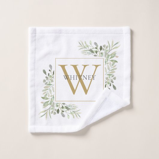 Élégant Monogramme Or Vert Floral (Gant de toilette)