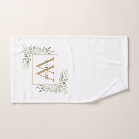 Élégant Monogramme Or Vert Floral (Serviette à main)