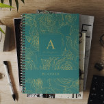 Élégant monogramme personnalisé moderne et nom ver<br><div class="desc">Design luxueux et luxueux couleur vert émeraude foncé monogrammed 2025 planner avec faux or tendance motif floral contour personnalisé avec votre nom et texte.</div>