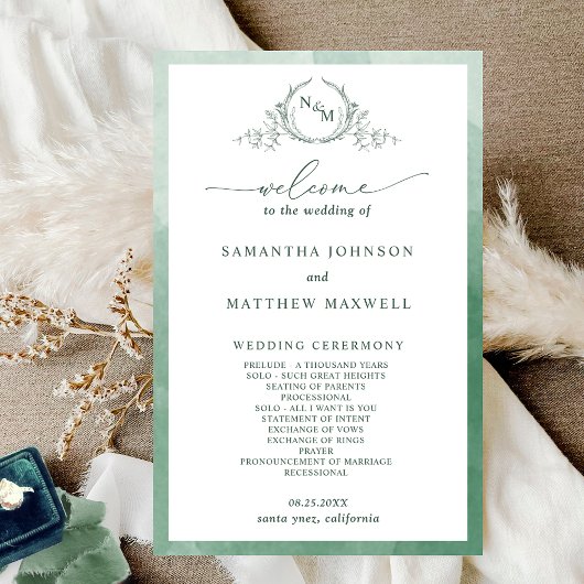 Élégant Monogramme Programme de mariage vert