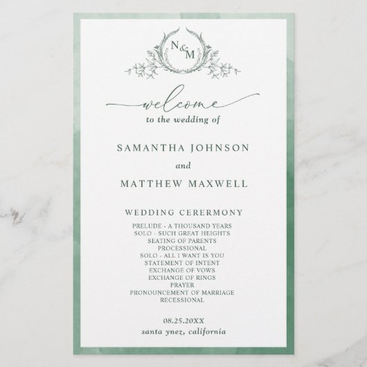 Élégant Monogramme Programme de mariage vert (Devant)