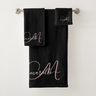Élégant Monogramme rose noir Nom du script