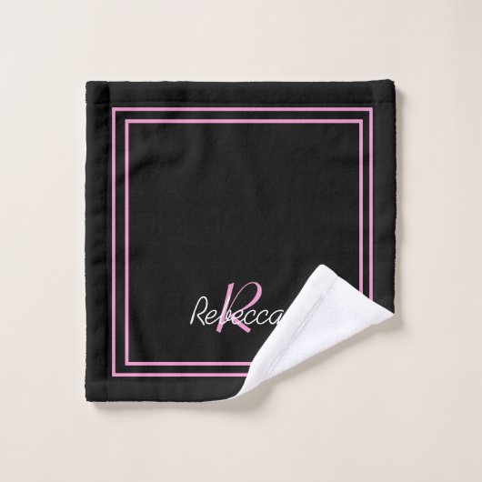 Élégant Monogramme rose noir Nom initial rayé  (Gant de toilette)