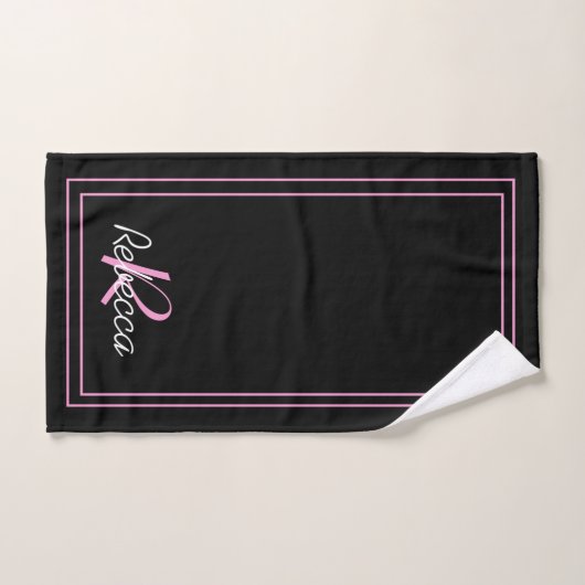 Élégant Monogramme rose noir Nom initial rayé (Serviette à main)