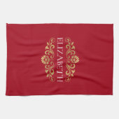 Élégant Monogramme Rouge Or Serviette de cuisine d (Horizontal)