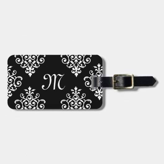 Elegant Monogrammed Black and White Damask Pattern Bagagelabel (Voorkant horizontaal)