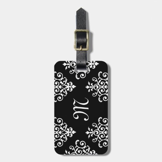 Elegant Monogrammed Black and White Damask Pattern Bagagelabel (Voorkant verticaal)