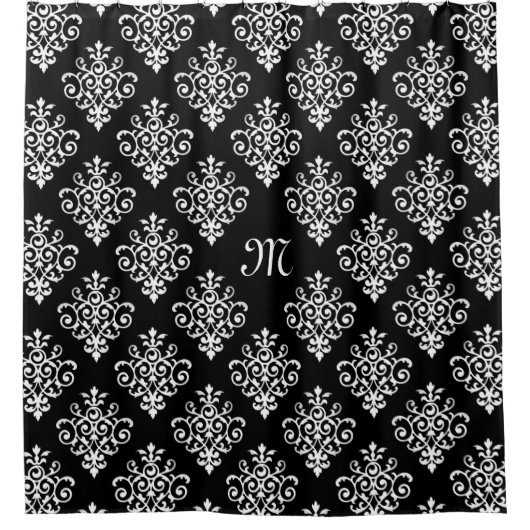Elegant Monogrammed Black and White Damask Pattern Douchegordijn (Voorkant)