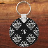 Elegant Monogrammed Black and White Damask Pattern Sleutelhanger (Voorkant)