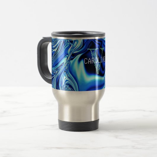 Elegant Monogrammed Blue Chrome Pattern Reisbeker (Voorkant links)