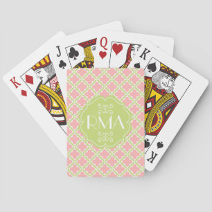 Elegant Monogrammed Clover Pattern Pink & Green Pokerkaarten