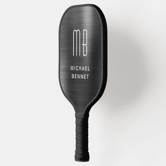 Elegant Monogrammed Faux Black, geborsteld metaal Pickleball Paddle (Links)