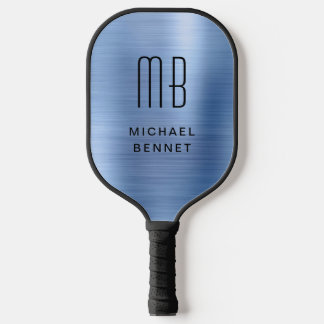 Elegant Monogrammed Faux Blue Brushed Metallic Pickleball Paddle