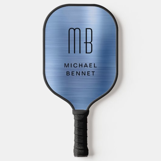 Elegant Monogrammed Faux Blue Brushed Metallic Pickleball Paddle (Voorkant)
