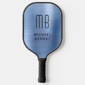 Elegant Monogrammed Faux Blue Brushed Metallic Pickleball Paddle (Achterkant)