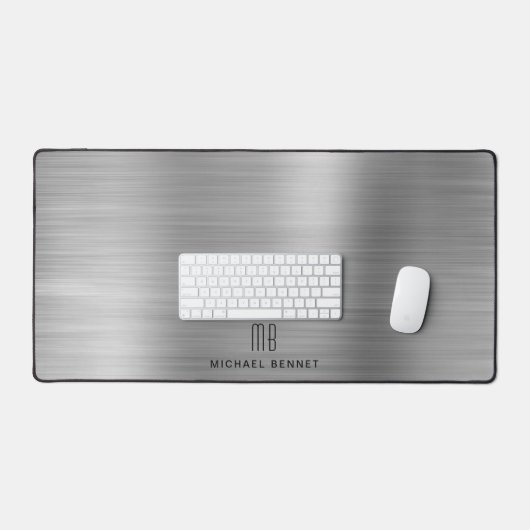 Elegant Monogrammed Faux Silver Brushed Metallic Bureaumat (Keyboard & Muis)