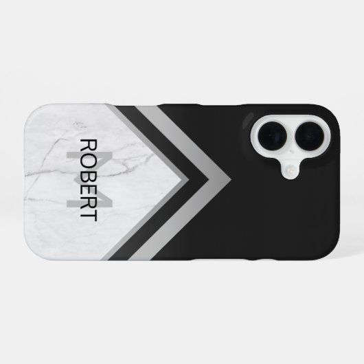 Elegant monogrammed Geometric Black Silver Marble iPhone 16 Hoesje (Achterkant horizontaal)