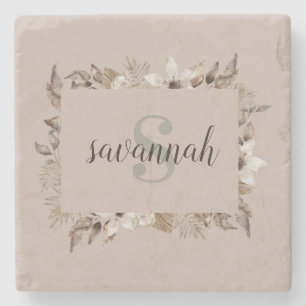 Elegant Monogrammed Name Blush Floral Stenen Onderzetter