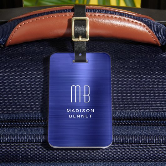 Elegant Monogrammed Navy Blue Brushed Metallic Bagagelabel (Voorkant Insitu 2)
