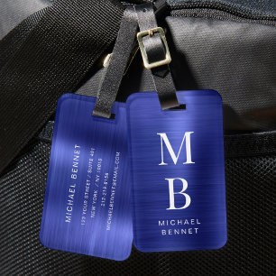 Elegant Monogrammed Navy Blue Brushed Metallic Bagagelabel