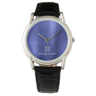 Elegant Monogrammed Navy Blue Brushed Metallic Horloge