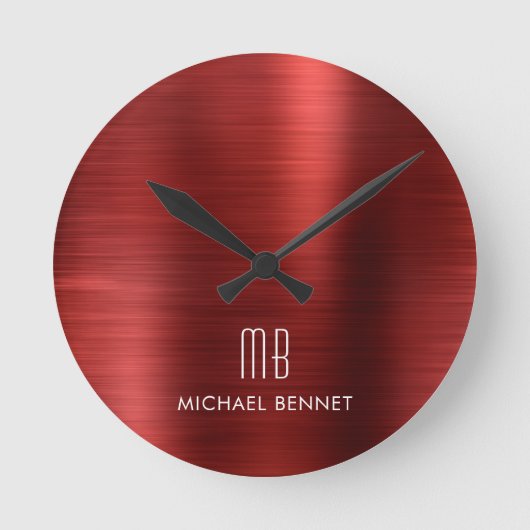 Elegant Monogrammed Red Brushed Metallic Ronde Klok (Voorkant)