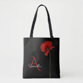 Elegant Monogrammed Red Poppy on Black Draagtas (Voorkant)
