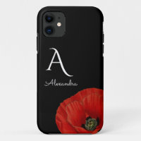 Elegant Monogrammed Red Poppy op Black Floral