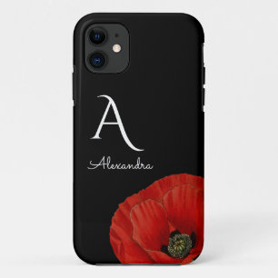 Elegant Monogrammed Red Poppy op Black Floral iPhone 11 Hoesje