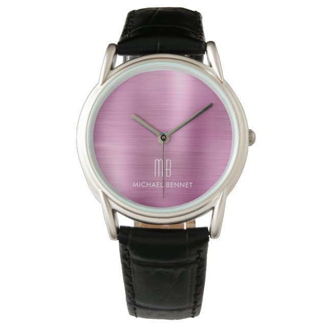 Elegant monogrammed Roze geborsteld metaal Horloge (Voorkant)