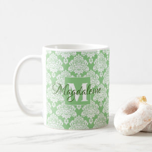 Elegant Monogrammed Sage Green & White Damask Koffiemok