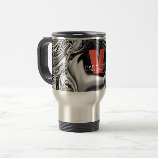 Elegant Monogrammed Silver Chrome Pattern Reisbeker (Voorkant links)